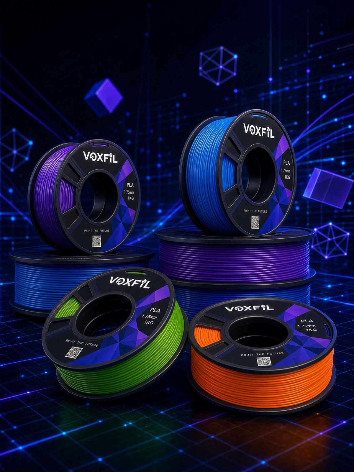 VOXFIL branded 3D printing filament scene — your brand, our line